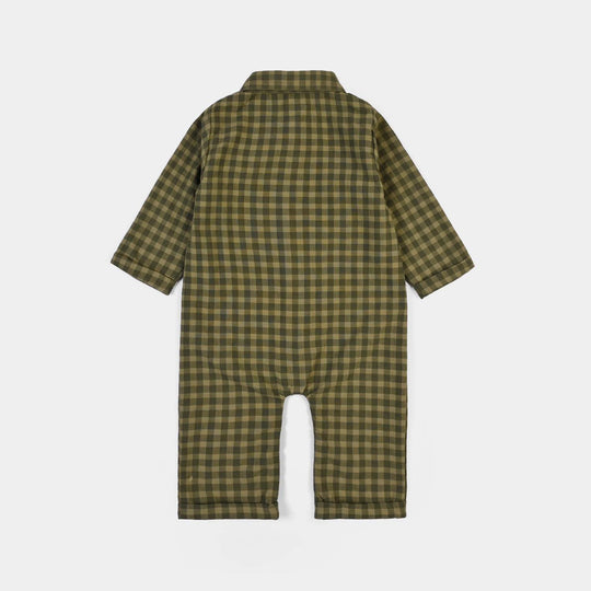 Infant Boys Yarn Dyed Woven Romper-Olive-GREEN