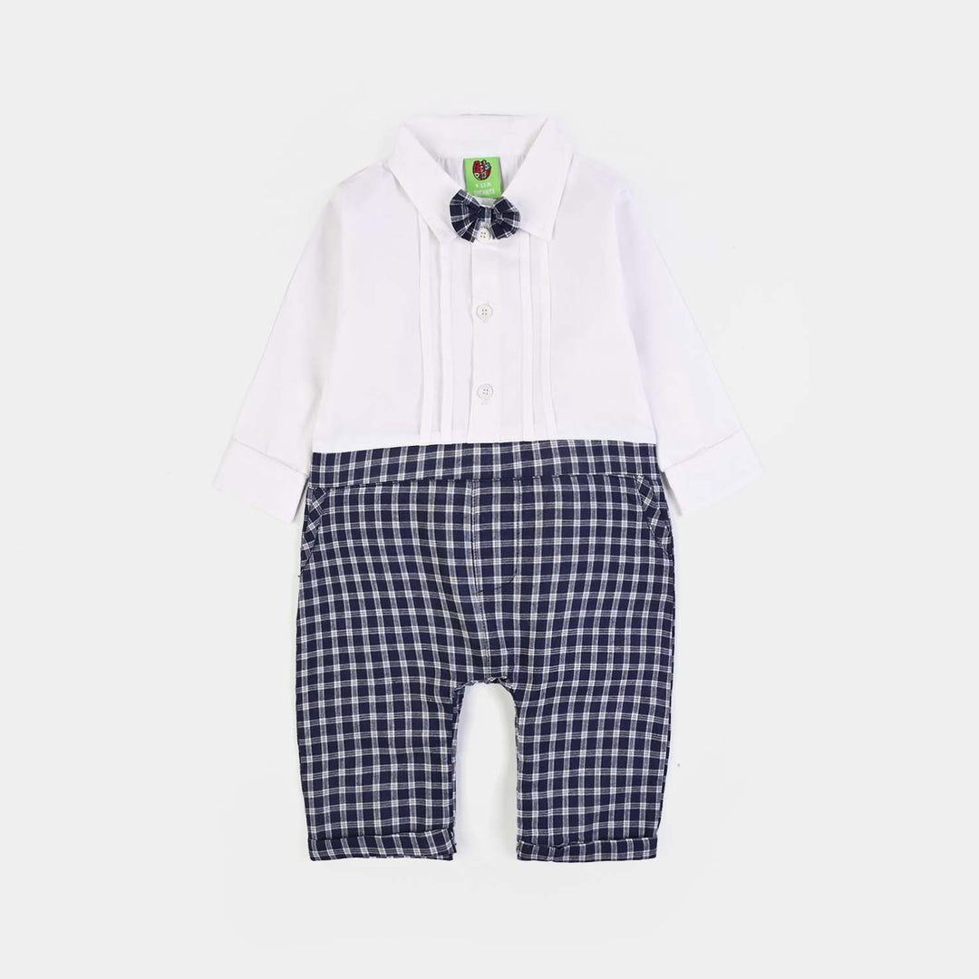 Infant Boys Yarn Dyed Woven Romper- Navy Checkered