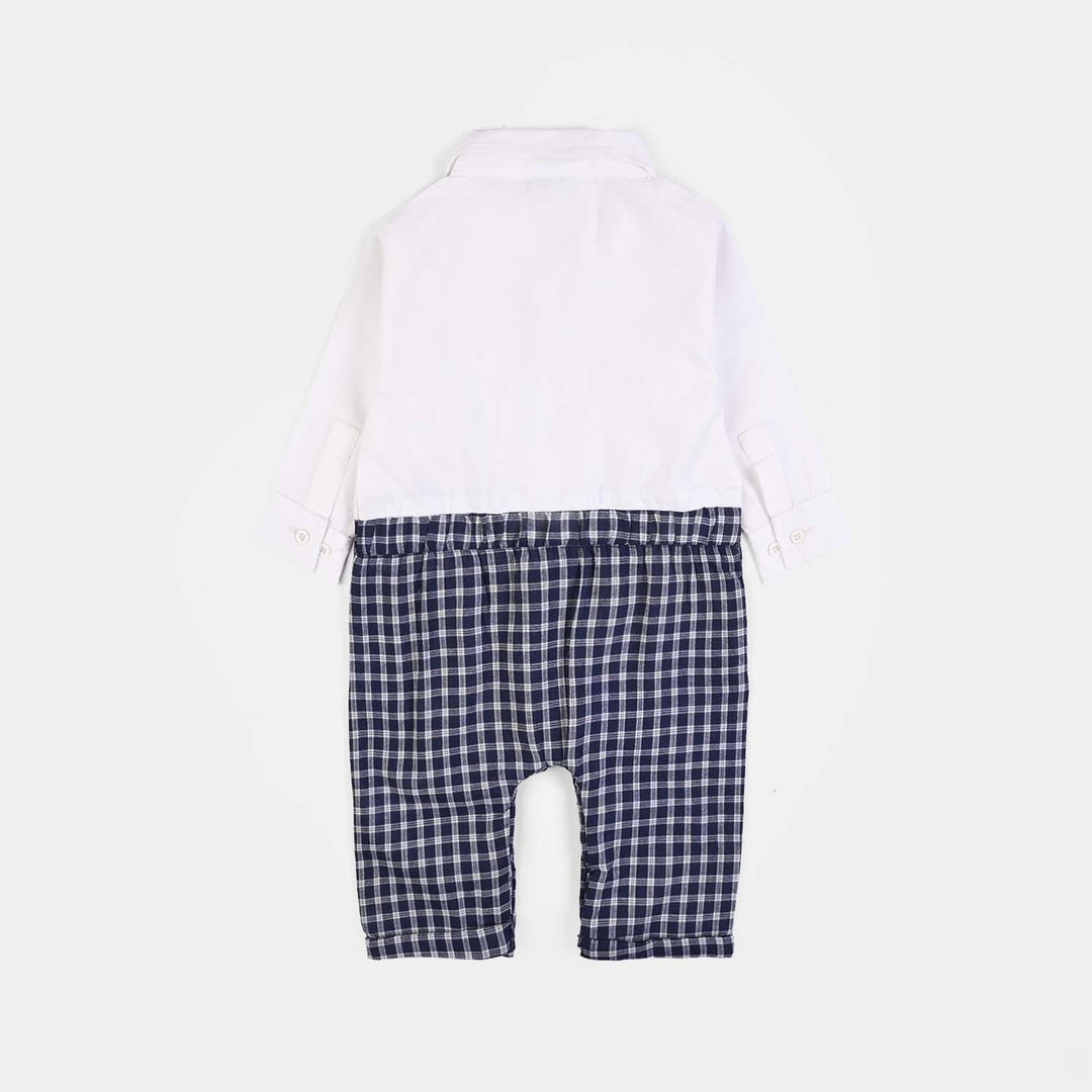 Infant Boys Yarn Dyed Woven Romper- Navy Checkered
