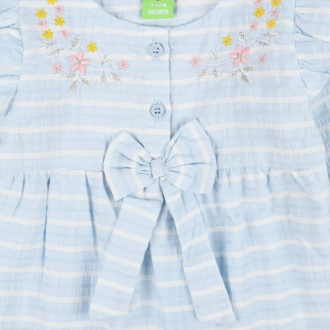 Infant Girls Jacquard Woven Romper- Ice Blue