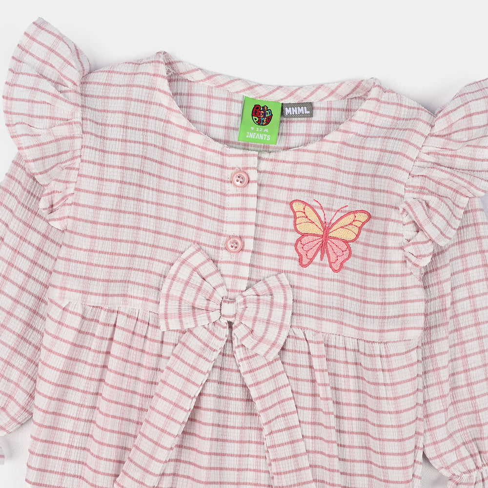 Infant Girls Poly Crinkle Woven Romper-Butterfly-White.Pink