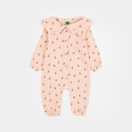 Infant Girls Gauze Woven Romper-Lillies-Pink