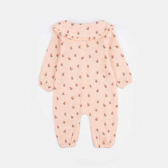 Infant Girls Gauze Woven Romper-Lillies-Pink