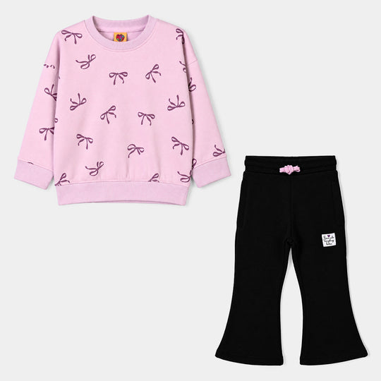 Girls Fleece 2 Piece Suit Bow Pattern-Orchid