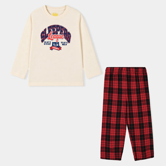 Boys Poly Cotton Jersey Night Suit Sleepers League-Off.White.Red