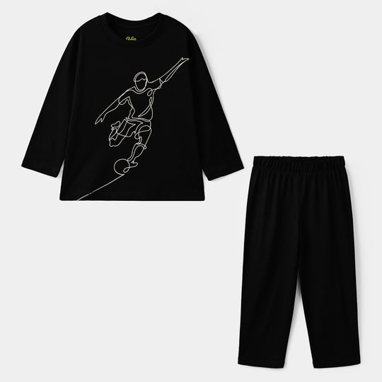Boys Poly Cotton Jersey Night Suit Football-BLACK