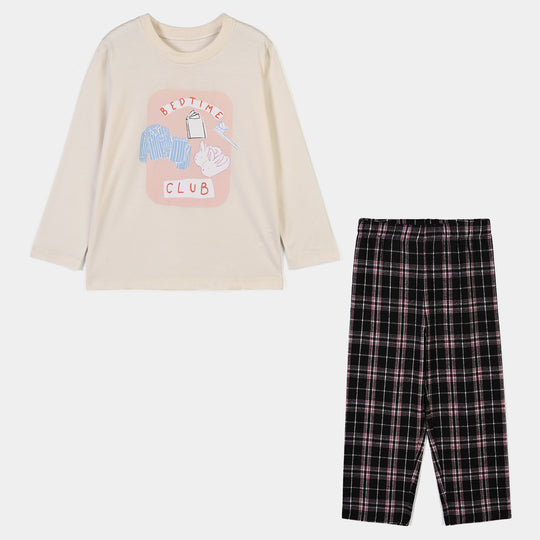 Girls PC Jersey Night Suit Bed time club-Off.White.Black