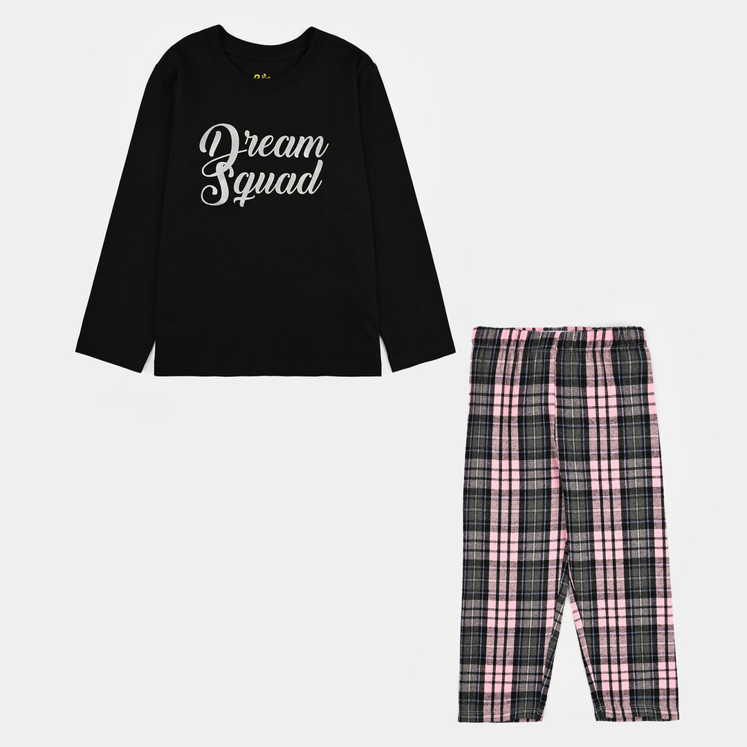 Girls Poly Cotton Jersey Night Suit Dream Squard-Black.Pink