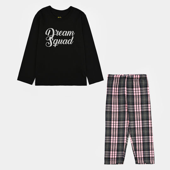 Girls Poly Cotton Jersey Night Suit Dream Squard-Black.Pink