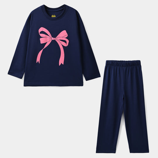 Girls Poly Cotton Jersey Night Suit Bow - Blue