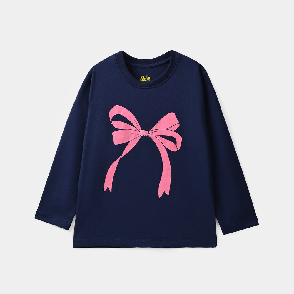 Girls Poly Cotton Jersey Night Suit Bow - Blue