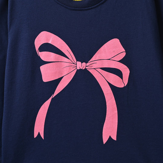 Girls Poly Cotton Jersey Night Suit Bow - Blue