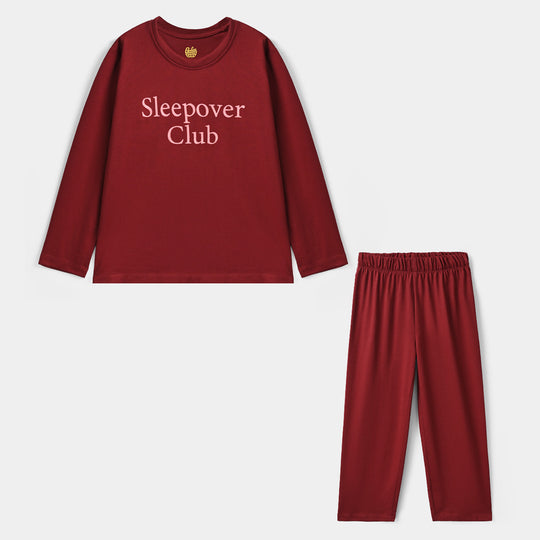 Girls Poly Cotton Jersey Night Suit Sleep over club-RED