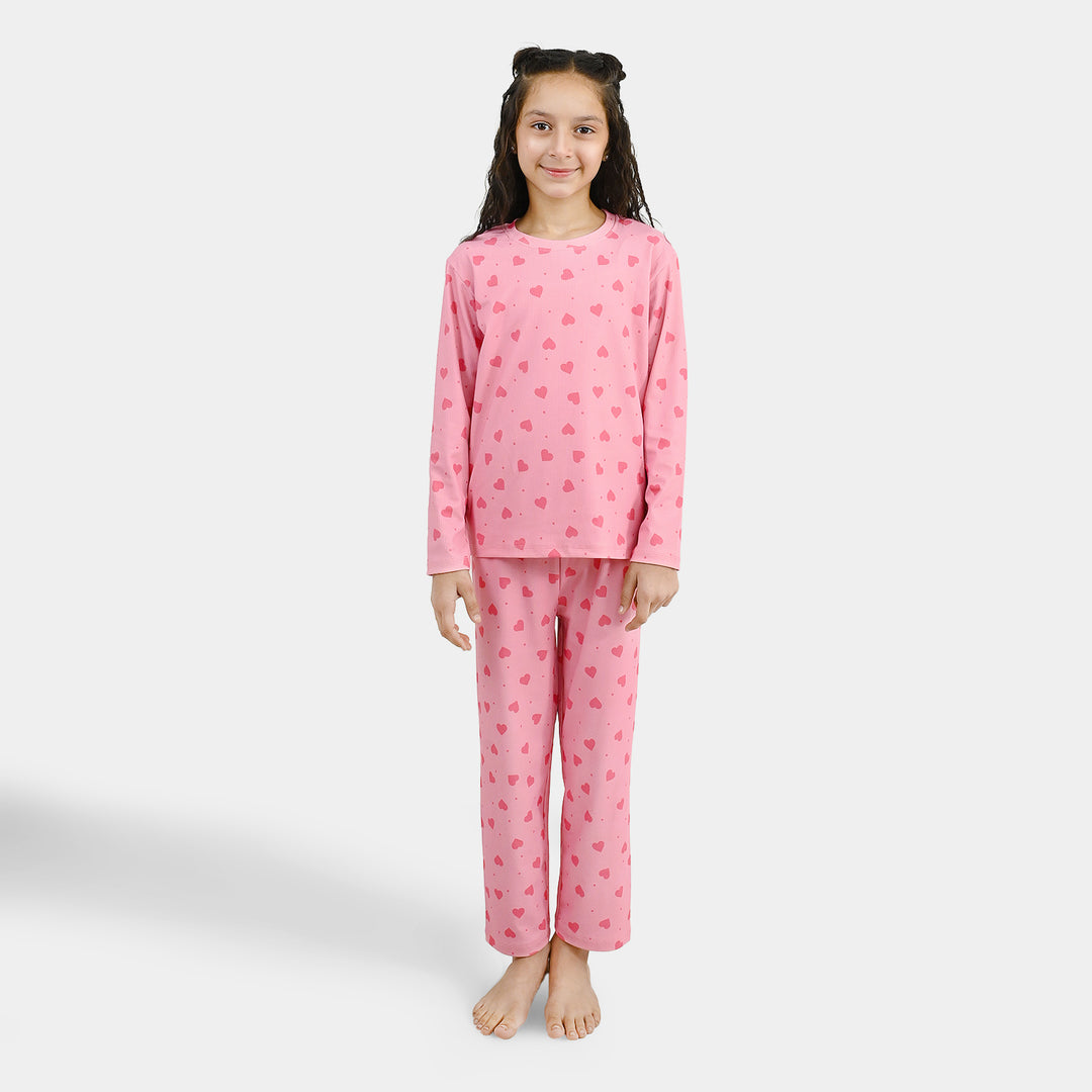 Girls PC Jersey Night Suit Hearts-PINK