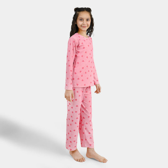 Girls PC Jersey Night Suit Hearts-PINK