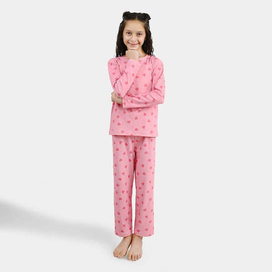 Girls PC Jersey Night Suit Hearts-PINK