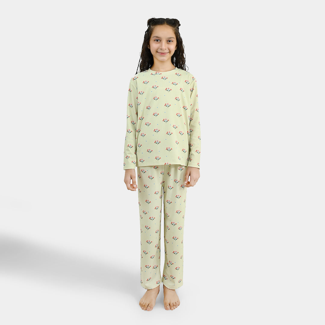 Girls PC Jersey Night Suit Floral Repeat-GREEN