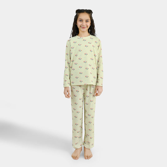 Girls PC Jersey Night Suit Floral Repeat-GREEN