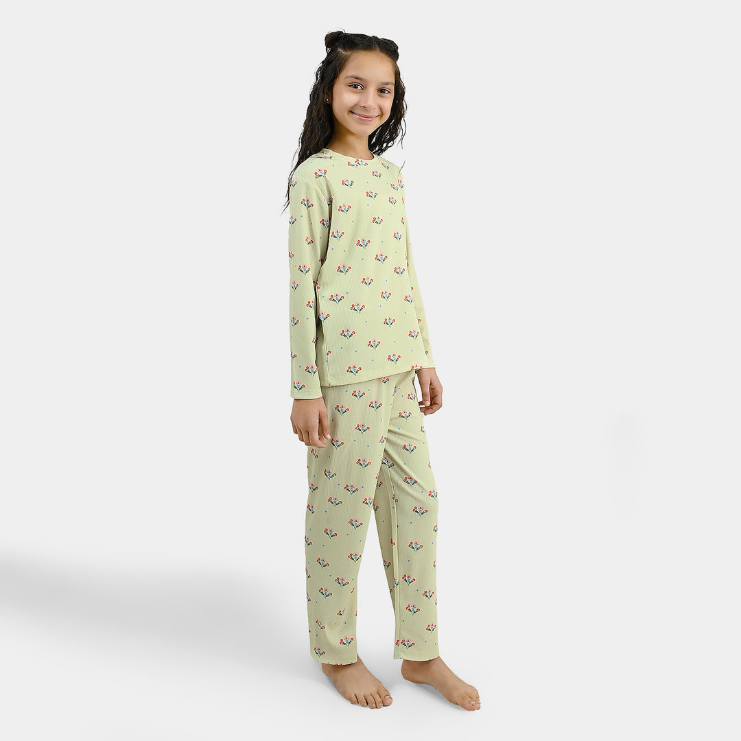 Girls PC Jersey Night Suit Floral Repeat-GREEN