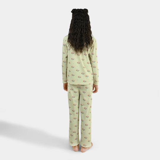 Girls PC Jersey Night Suit Floral Repeat-GREEN