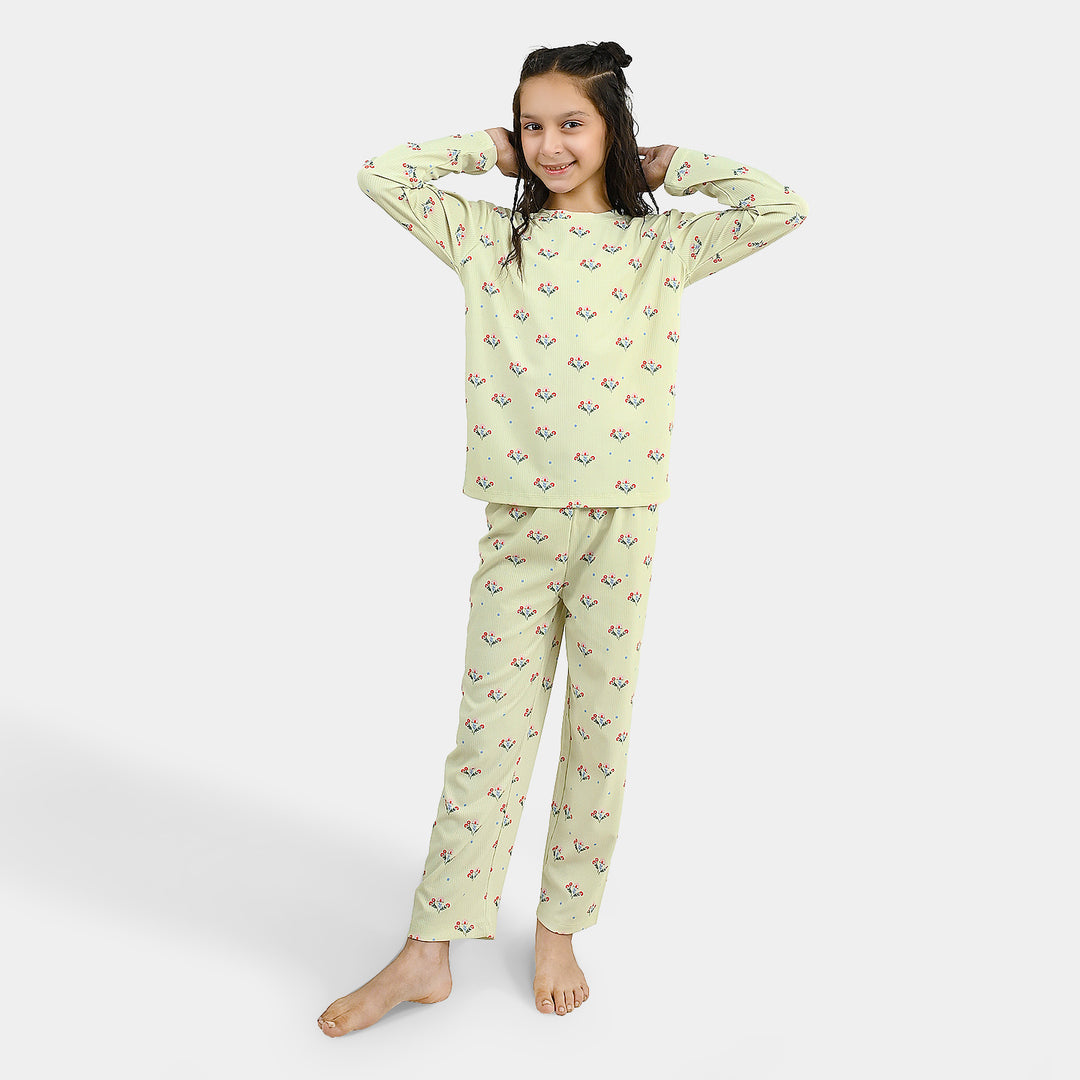 Girls PC Jersey Night Suit Floral Repeat-GREEN
