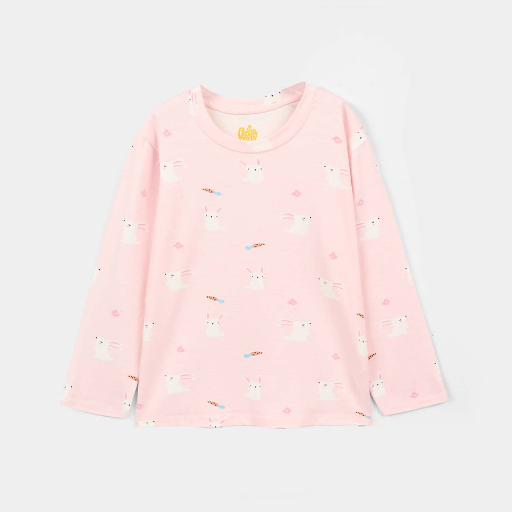 Girls Cotton Night Suit Rabbit - Pink