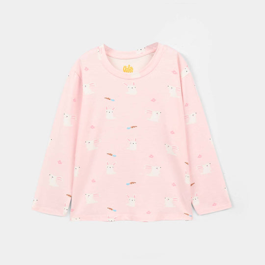 Girls Cotton Night Suit Rabbit - Pink