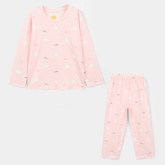 Girls Cotton Night Suit Rabbit - Pink
