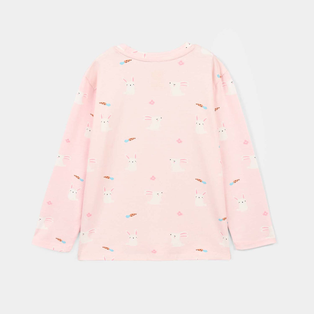 Girls Cotton Night Suit Rabbit - Pink