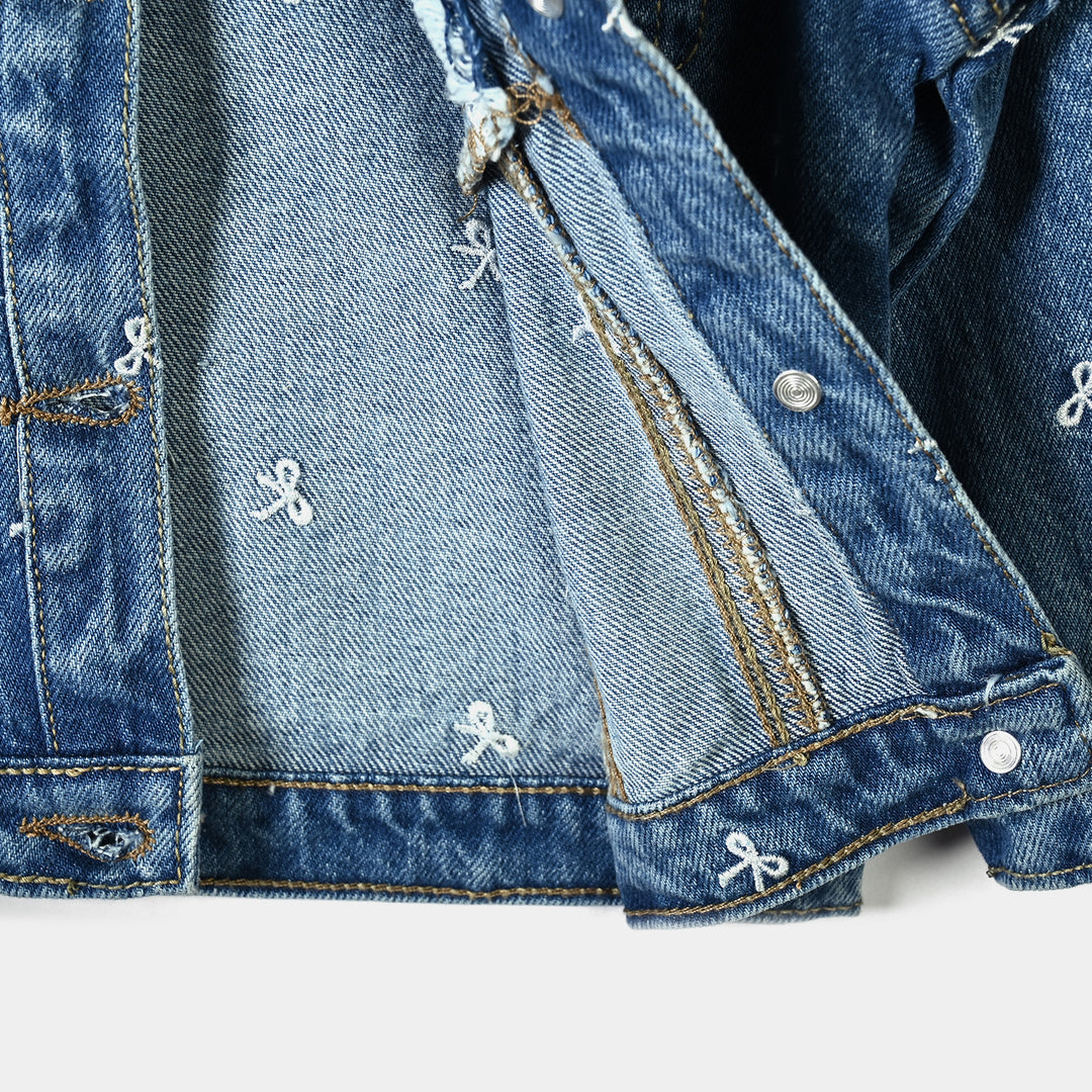 Infant Girls Denim rigid Jacket Bows-Mid Blue