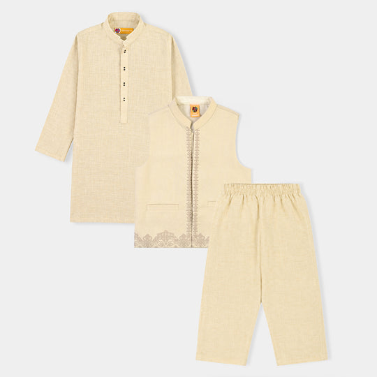 Boys Cotton Slub 3Piece Suit (Puff Print)-Beige
