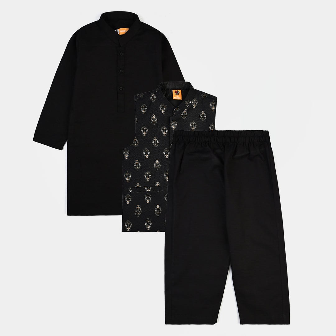 Boys Cotton Slub 3Piece Suit (Gul-E-Rang)-BLACK