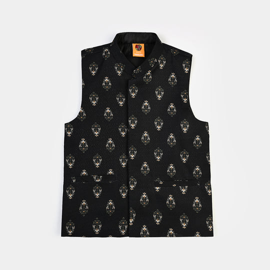 Boys Cotton Slub 3Piece Suit (Gul-E-Rang)-BLACK