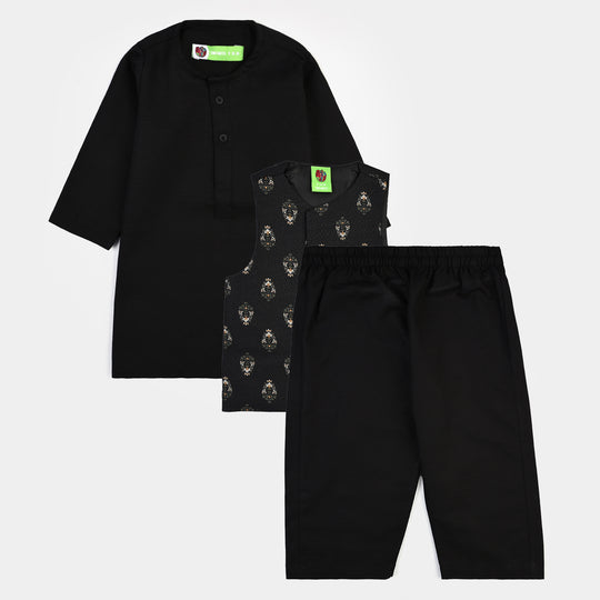 Infant Boys Cotton Slub 3Piece Suit (Gul-E-Rang)-BLACK