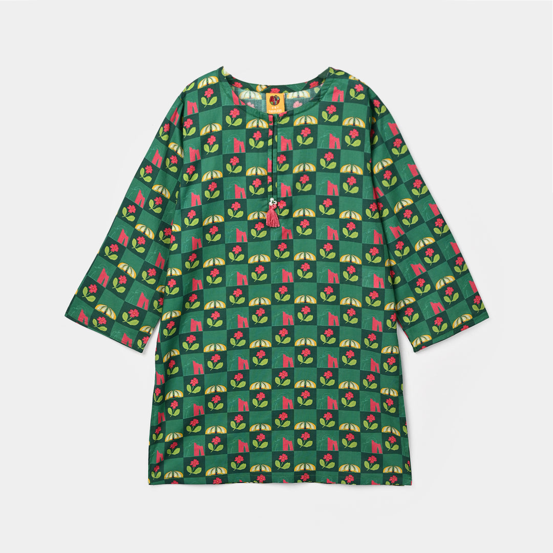 Girls Cotton Independence Kurti Checks-Green