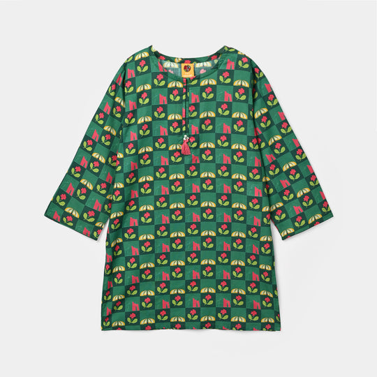 Girls Cotton Independence Kurti Checks-Green