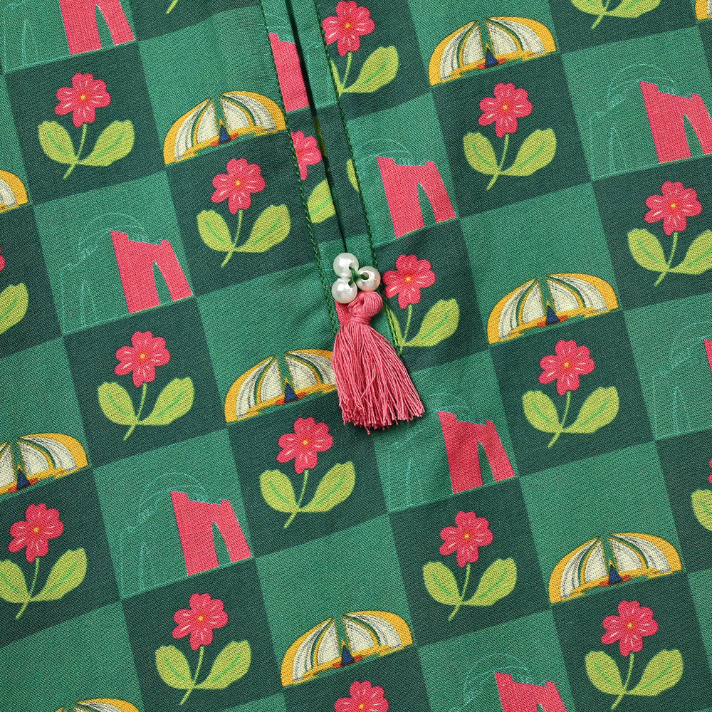 Girls Cotton Independence Kurti Checks-Green