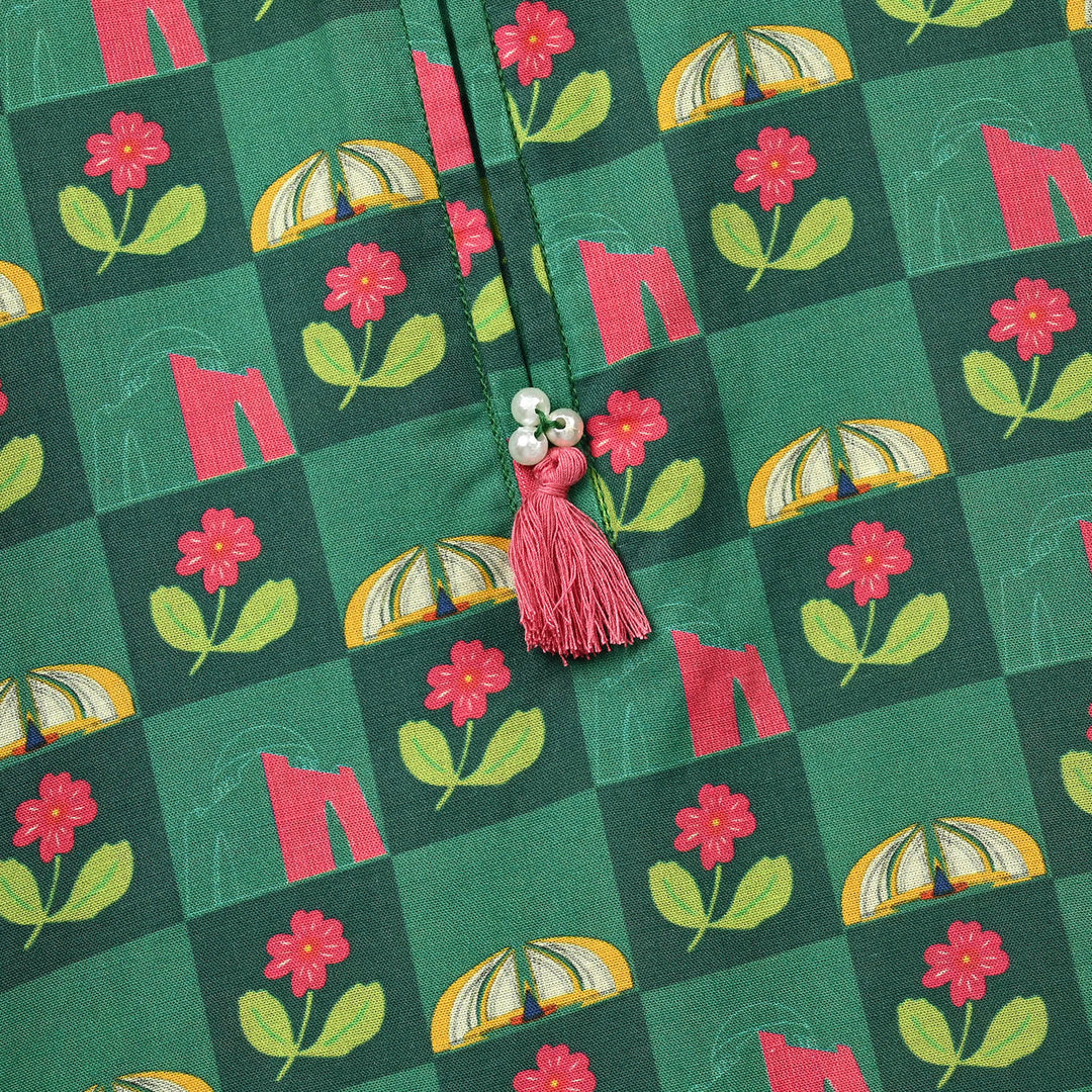 Girls Cotton Independence Kurti Checks-Green
