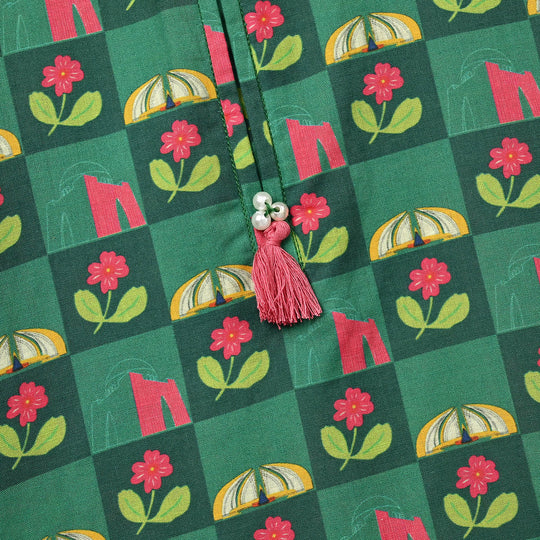 Girls Cotton Independence Kurti Checks-Green