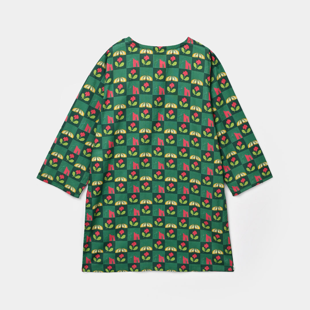 Girls Cotton Independence Kurti Checks-Green