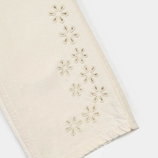 Girls Denim rigid Pant Flower N Flower-Off White