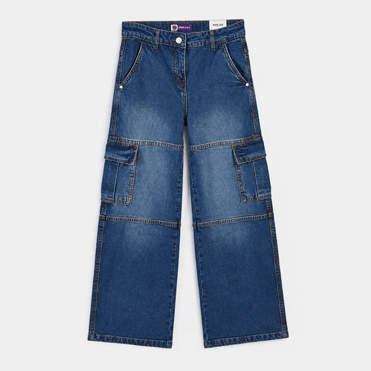 Girls Denim rigid Pant Cargo - Mid Blue