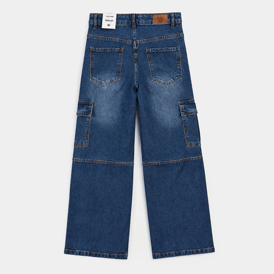 Girls Denim rigid Pant Cargo - Mid Blue
