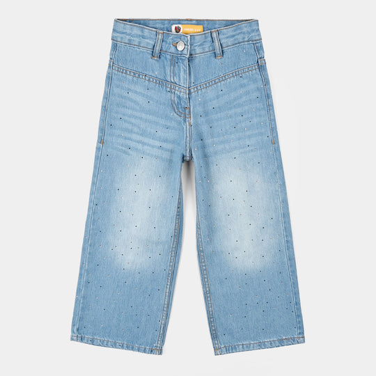 Teens Girls Denim rigid pant Small Studs-Mid Blue