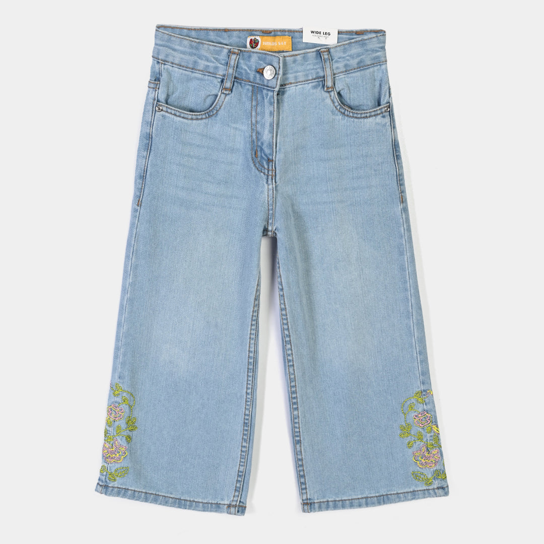 Girls Denim rigid Pant Flowers-Mid Blue