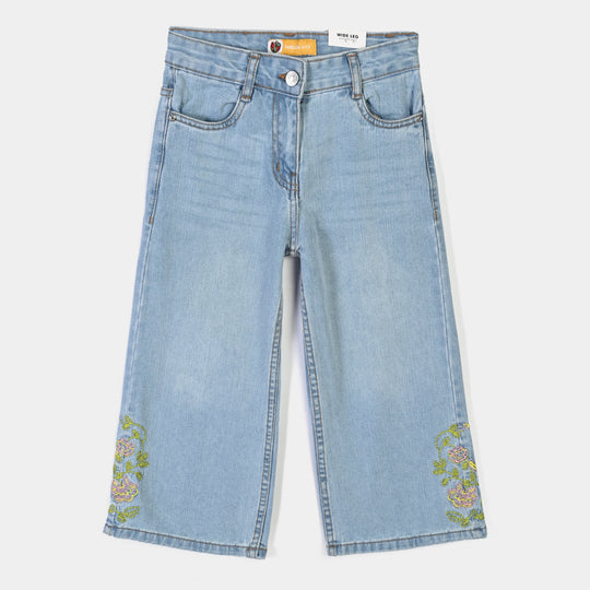 Girls Denim rigid Pant Flowers-Mid Blue