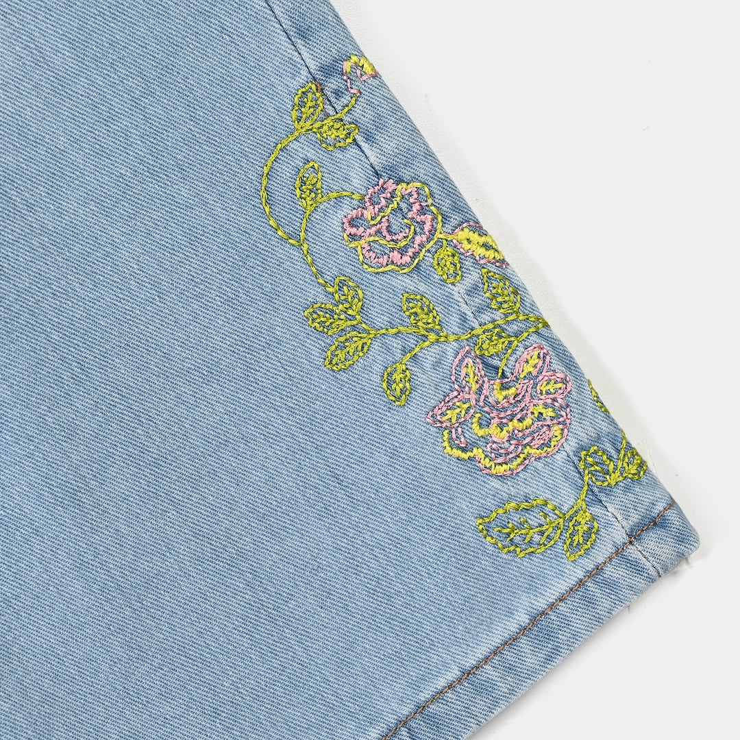Girls Denim rigid Pant Flowers-Mid Blue