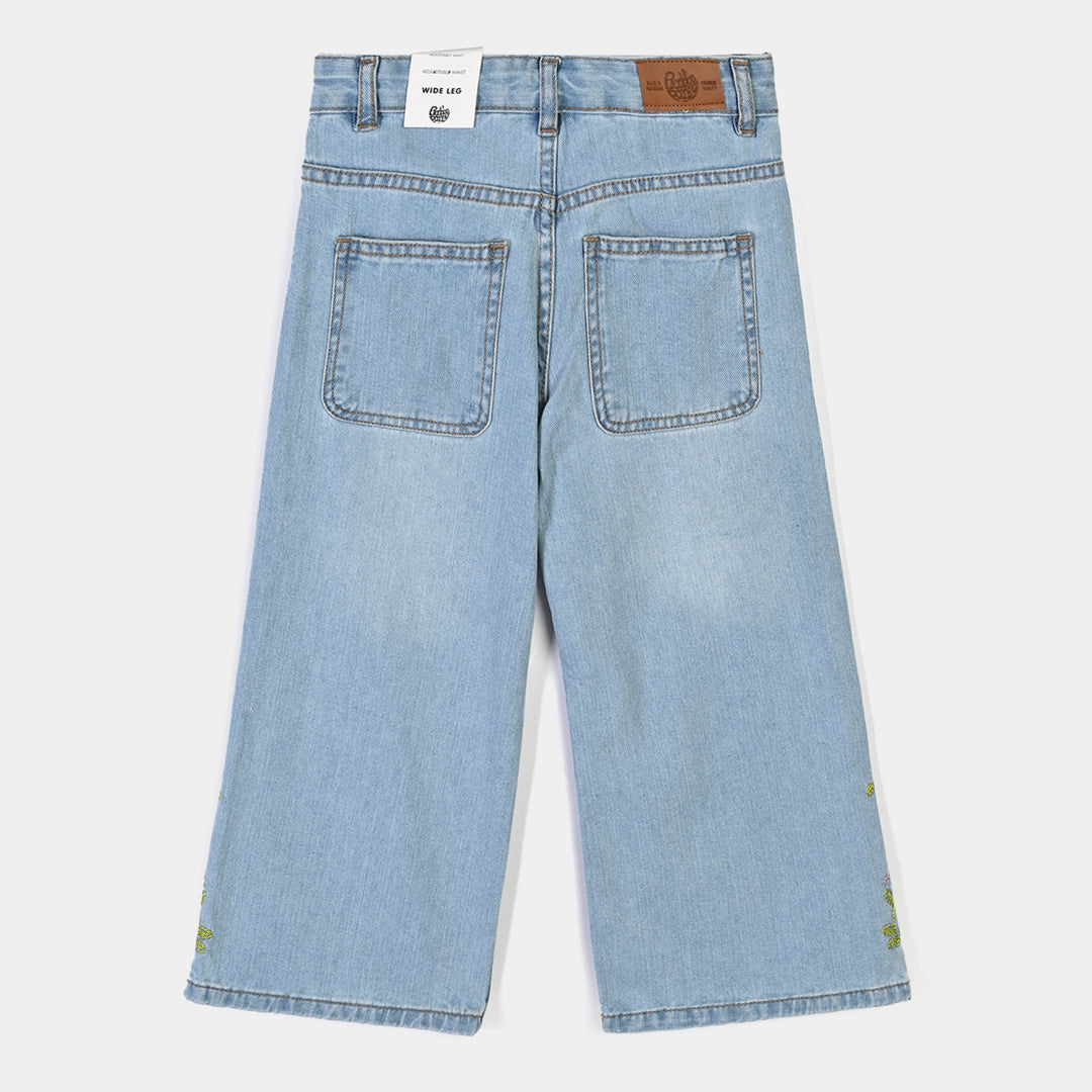 Girls Denim rigid Pant Flowers-Mid Blue