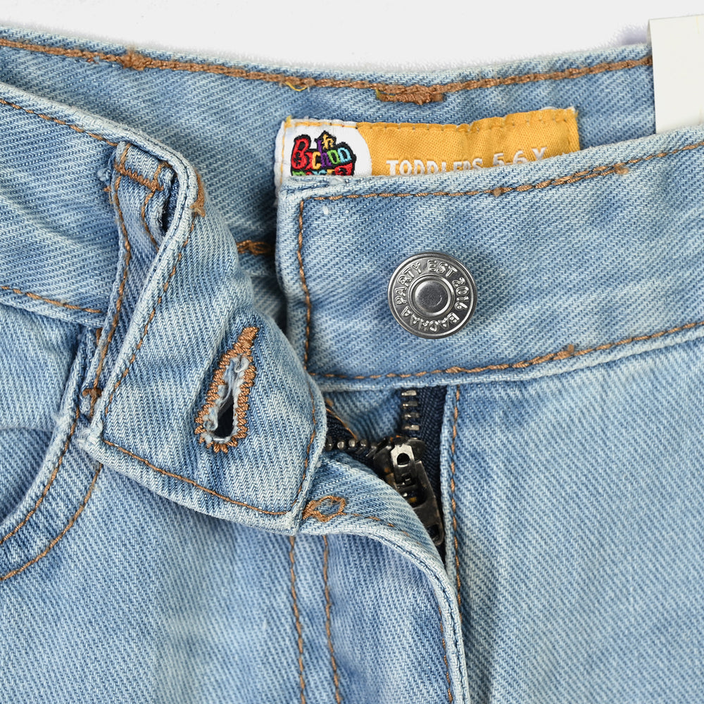 Girls Denim rigid Pant Flowers-Mid Blue