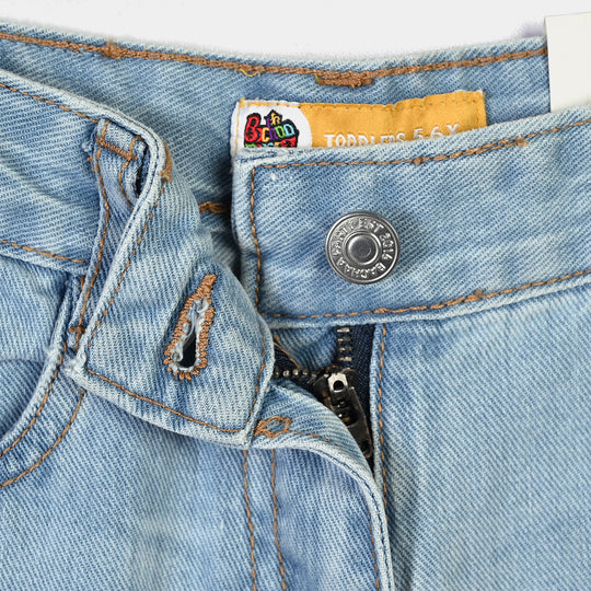Girls Denim rigid Pant Flowers-Mid Blue
